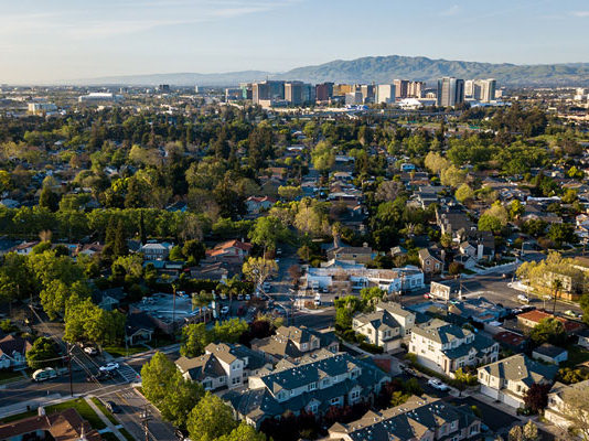 Drone point of view of Silicon Valley in California