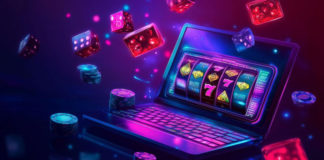Vibrant Slot Machine Jackpot Win with Floating Casino Chips