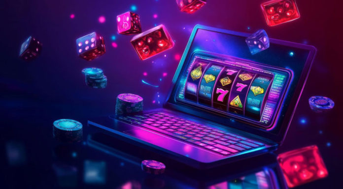 Vibrant Slot Machine Jackpot Win with Floating Casino Chips