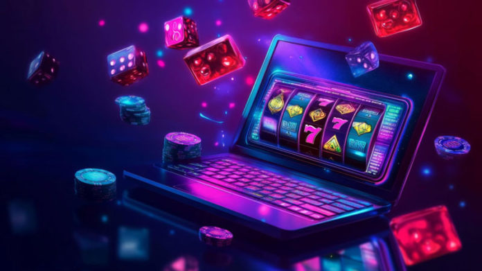 Vibrant Slot Machine Jackpot Win with Floating Casino Chips