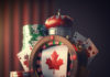A poker chip with a canadian maple leaf on it