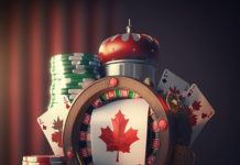A poker chip with a canadian maple leaf on it