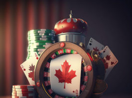 A poker chip with a canadian maple leaf on it