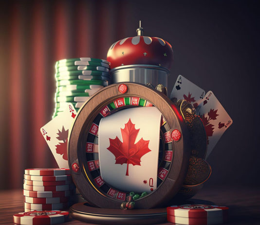 A poker chip with a canadian maple leaf on it