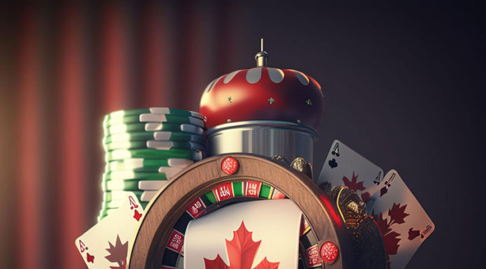 A poker chip with a canadian maple leaf on it